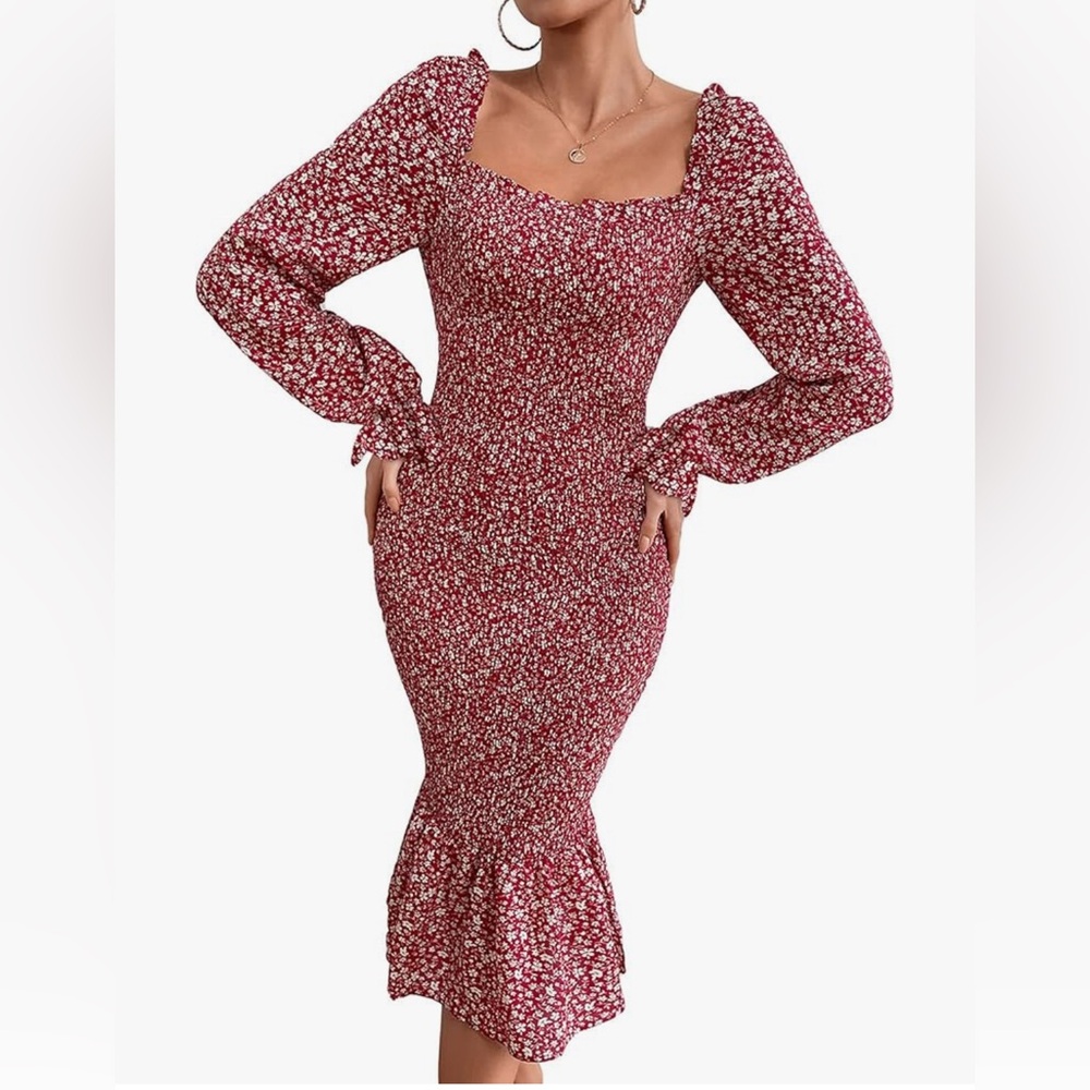 Women’s Square Neck Ruffle Mermaid Smocked Dress